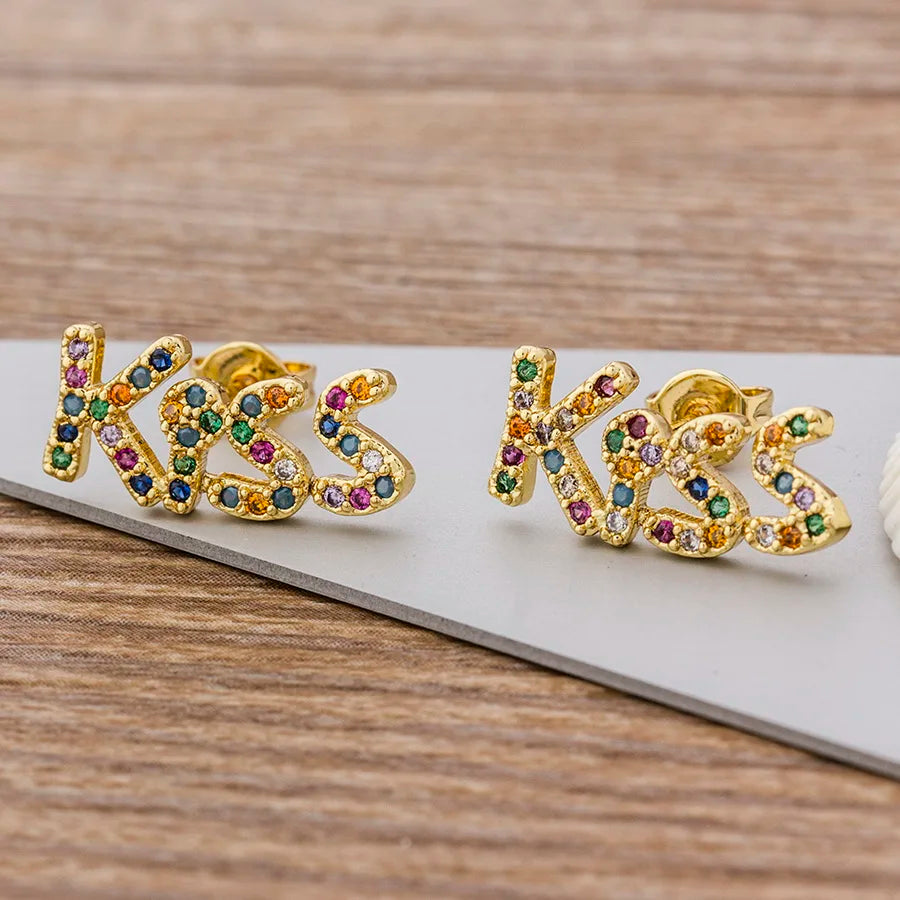 Rainbow Cross Gold Color Micro Paved CZ Earrings