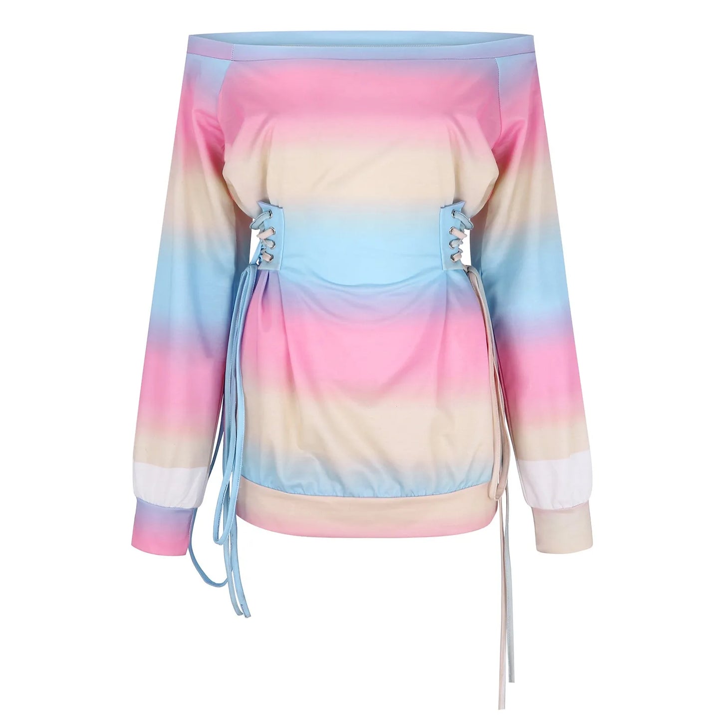 Gradient Rainbow Striped/Camouflage/Geometric/Lip Print Off-the-Shoulder Oversized Long Sleeve Drawstring Mini Sweatshirt Dress