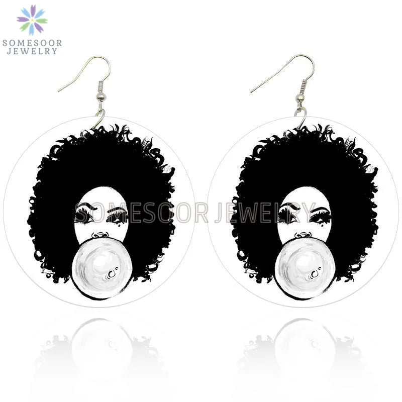 Pink Black Afro Woman Bubble Gum Print Wood Drop Earrings
