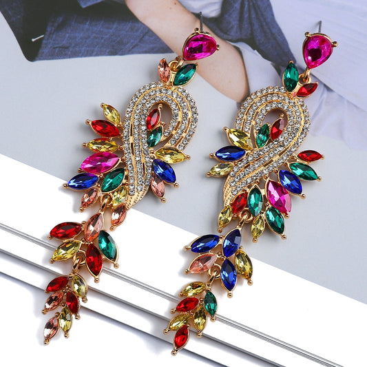 Metal Hollow Chain Leaves Crystal Pendant Earrings