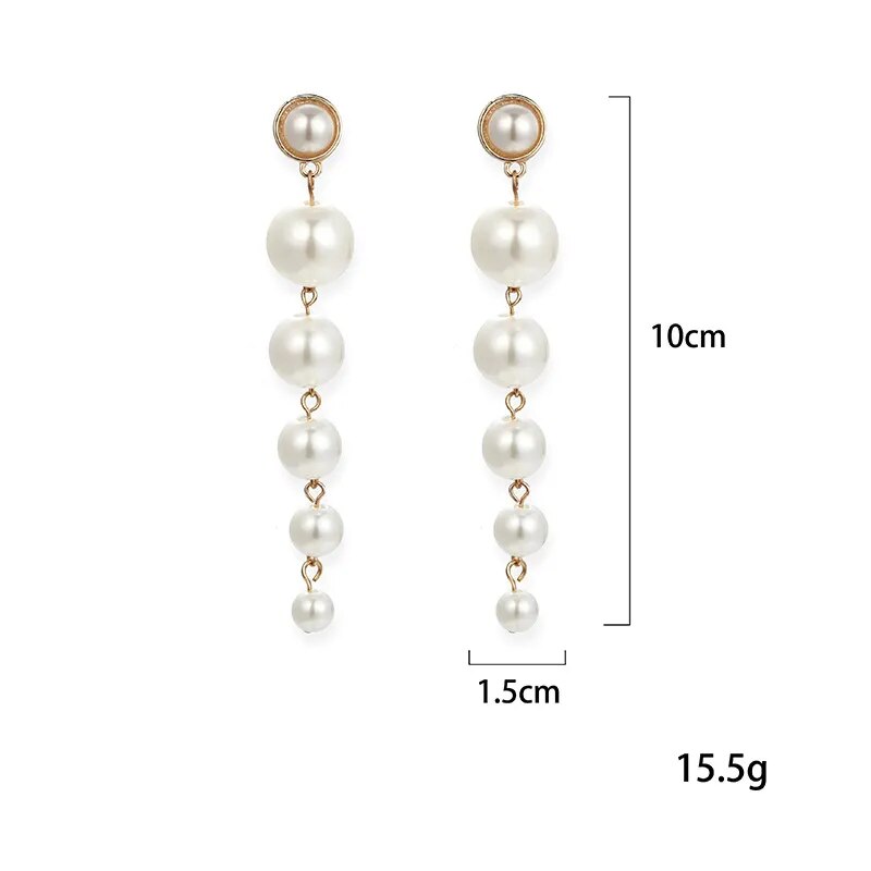 Simulated Pearl Stud Long Statement Drop Earrings