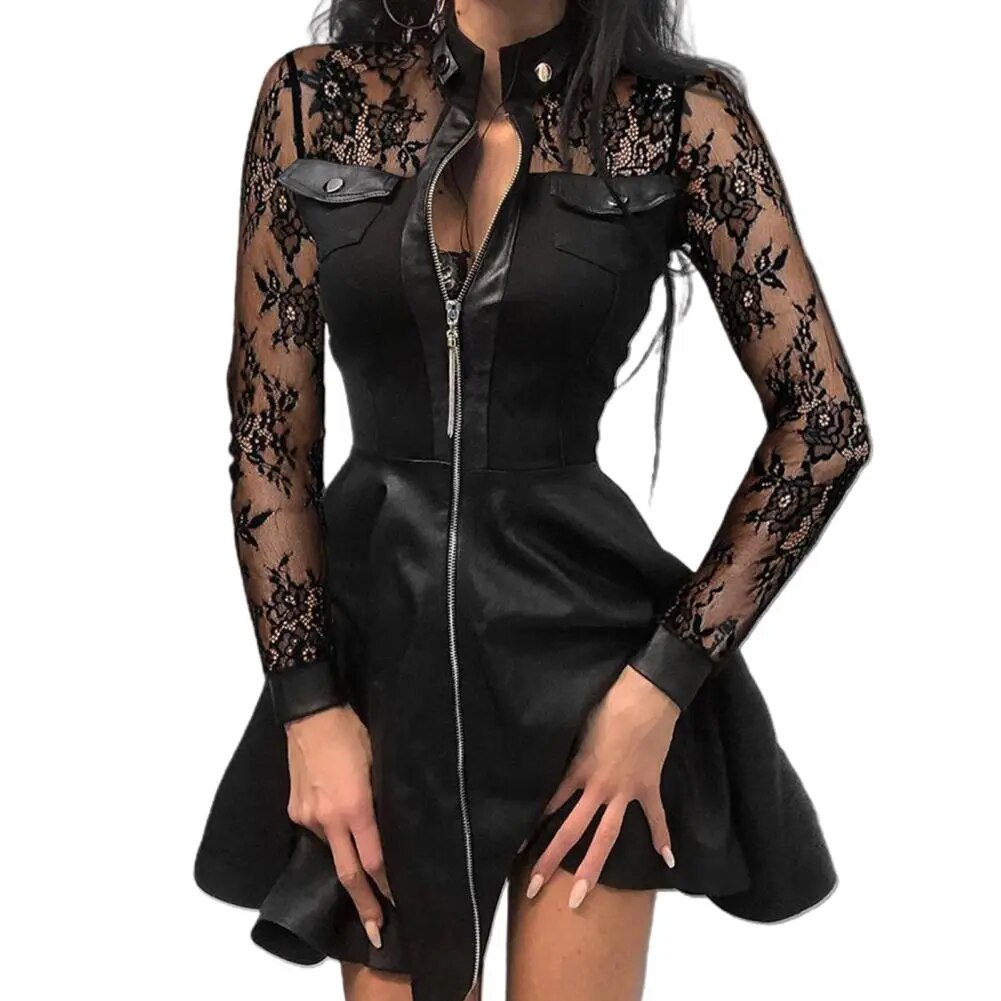 Faux Leather Long Sleeve Zipper Pocket Lace Mini Dress to 5X