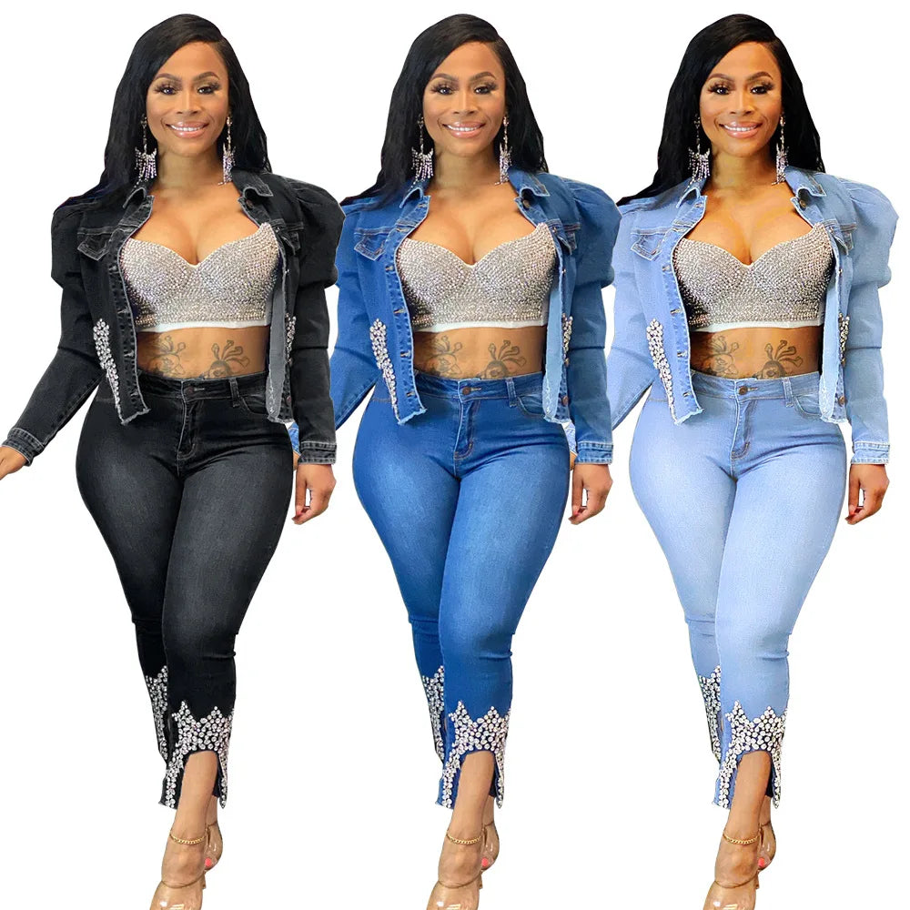 Pearl Beaded Turn-Down Collar Jean Jacket + Matching Jeans 2-Piece Set to 5X Plus Size