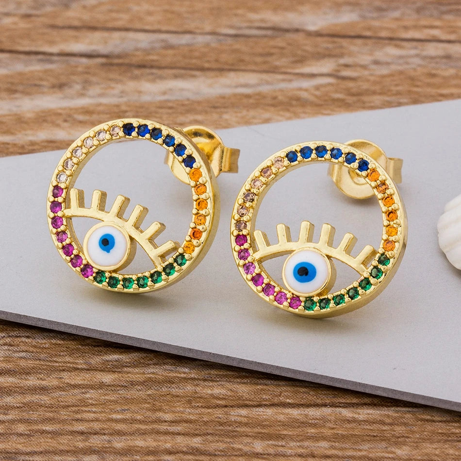 Rainbow Cross Gold Color Micro Paved CZ Earrings