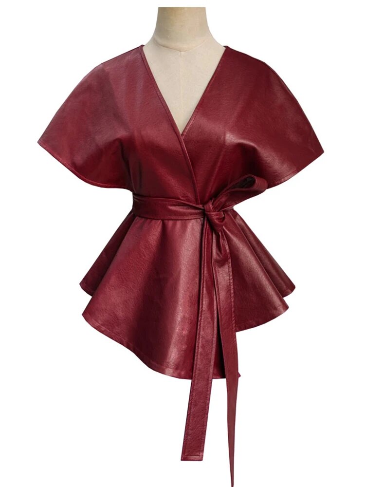 Red Wine Faux Leather Sash Cape Shawl Jacket/Maxi Skirt Seperates