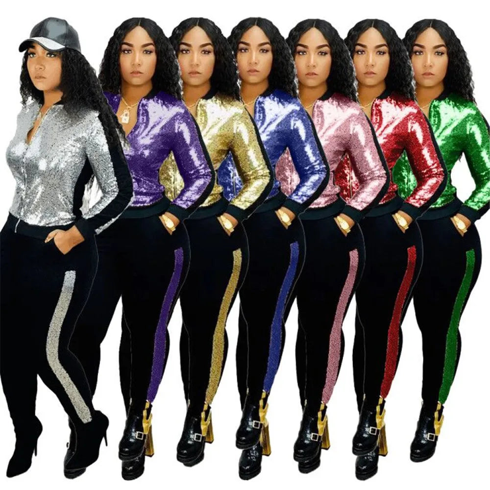 Metallic Sequined Long Sleeve Zipper Bomber Jacket + Side Striped Sweatpants Ladies Tracksuit