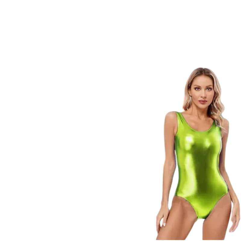 Neon Shiny Metallic Faux Leather Glitter Foil Design Long Sleeve OR Sleeveless Women's Bodysuit