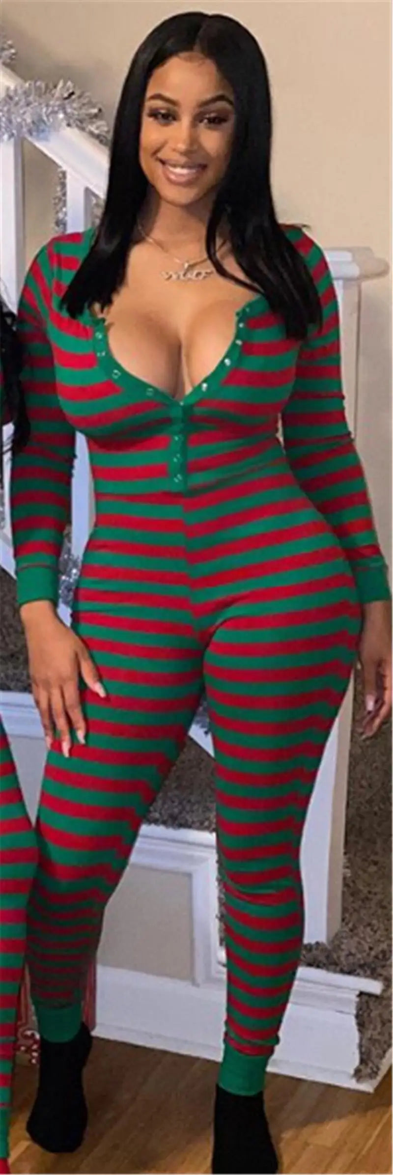 Christmas Striped Women's Long Sleeve Pajama Onesie