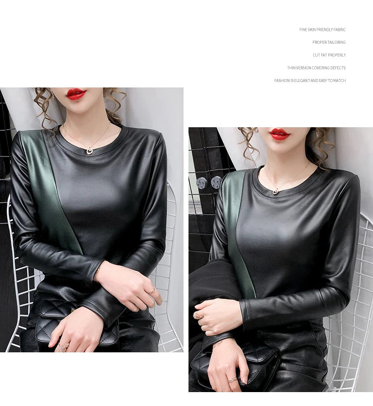 PU Leather O-Neck Colorblock/Solid Velvet Lined Long Sleeve Patchwork Elastic Women's Shirt to 4X Plus Size