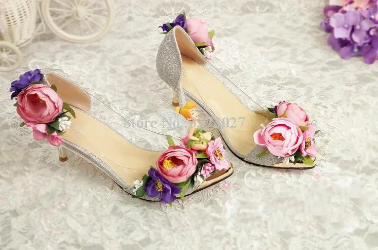 Pink/Baby Blue Rose Flower Decor Women's High Heel Pointed Toe Slip-On Pumps