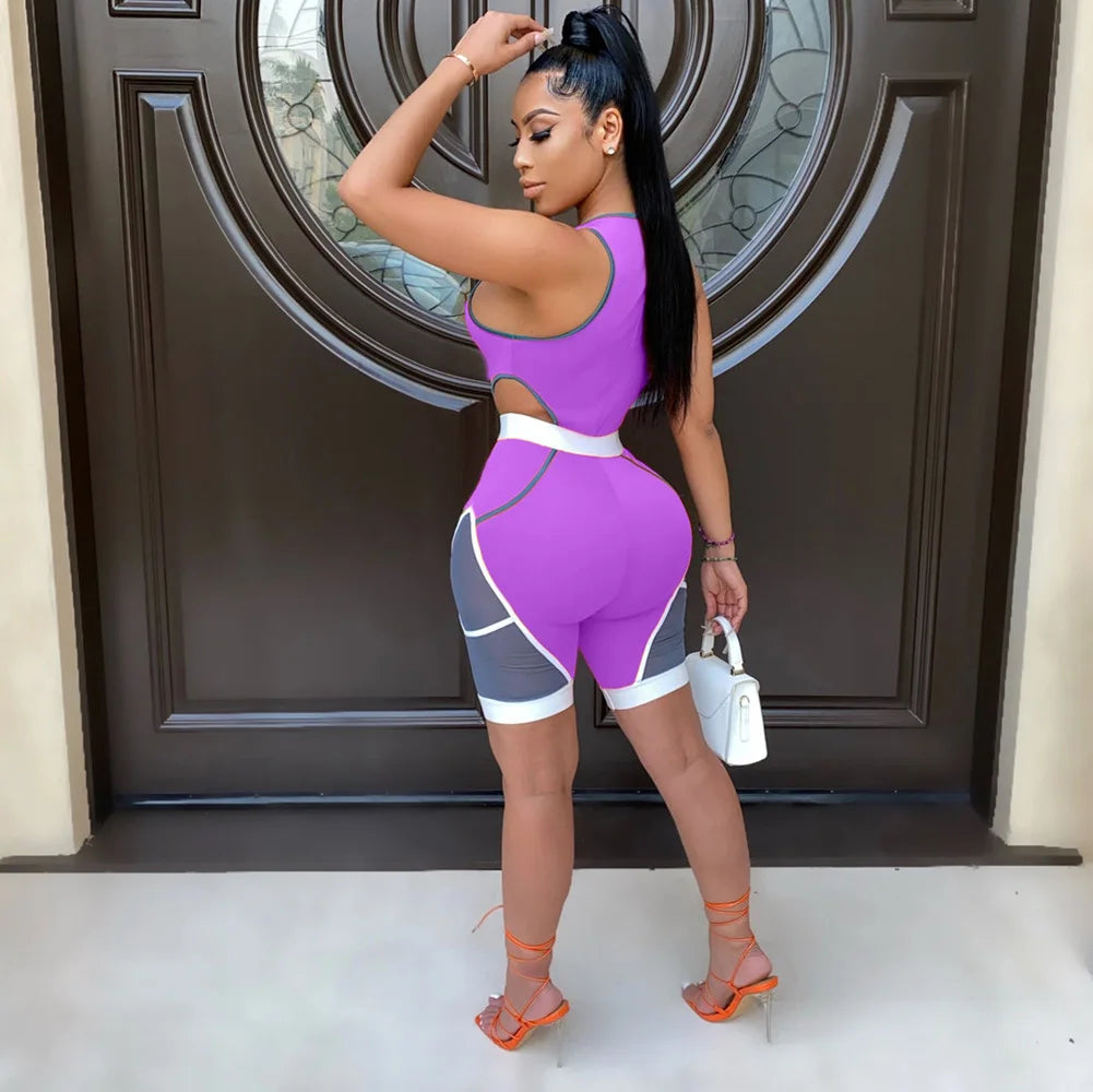Colorblock Patchwork Sleeveless Bodycon Deep V-Neck Women's Fitness Workout Shorts Romper