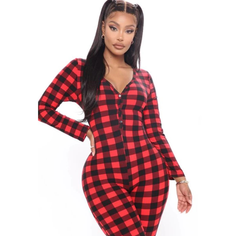 Plaid Elastic Long Sleeve V-Neck Button Jumpsuit