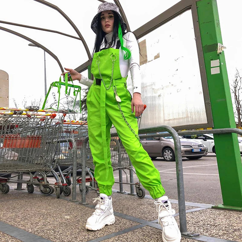 Fluorescent Green Sleeveless Suspender Strap Women's Streetwear Overall Jumpsuit Hip-Hop Dance Costume