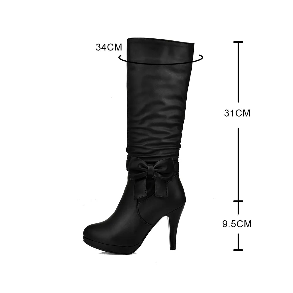 Bowtie Spike Heel Round Toe Knee High Boots