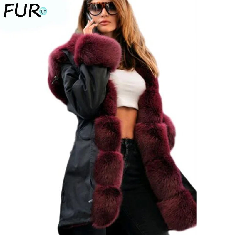 Colorblock Real Fur Oversized Collar Hip-Hop Design Women's Hooded Full Pelt Trenchcoat