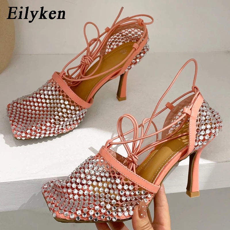 Mesh Rhinestone Bling Crystal Square Toe Fishnet Hollow Ankle Cross-Tied Pumps