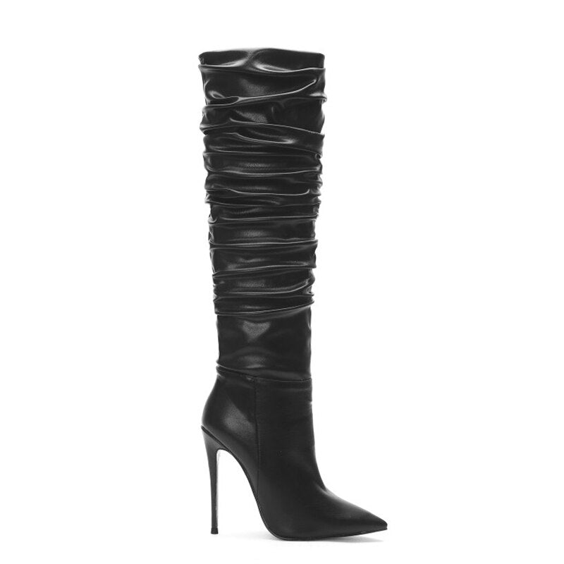 Pointed Slouch Pleated Ladies Knee High Boots