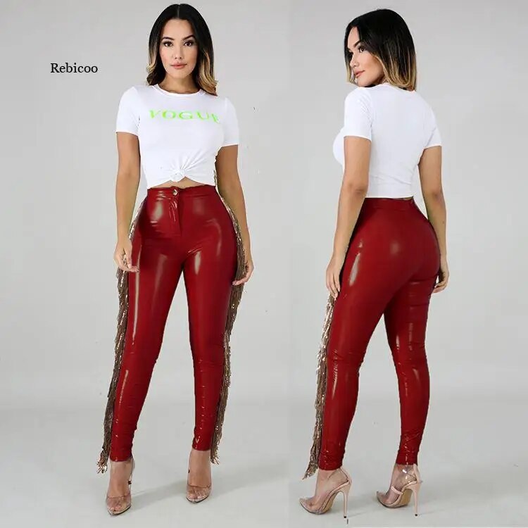 Tassel Design Solid Color Sequin Faux Leather Women's Skinny Pencil Pants