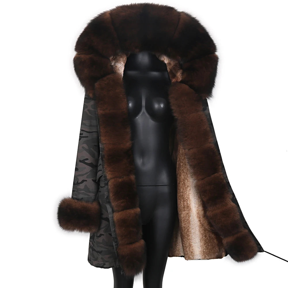 Colorblock Real Fur Oversized Collar Hip-Hop Design Women's Hooded Full Pelt Trenchcoat