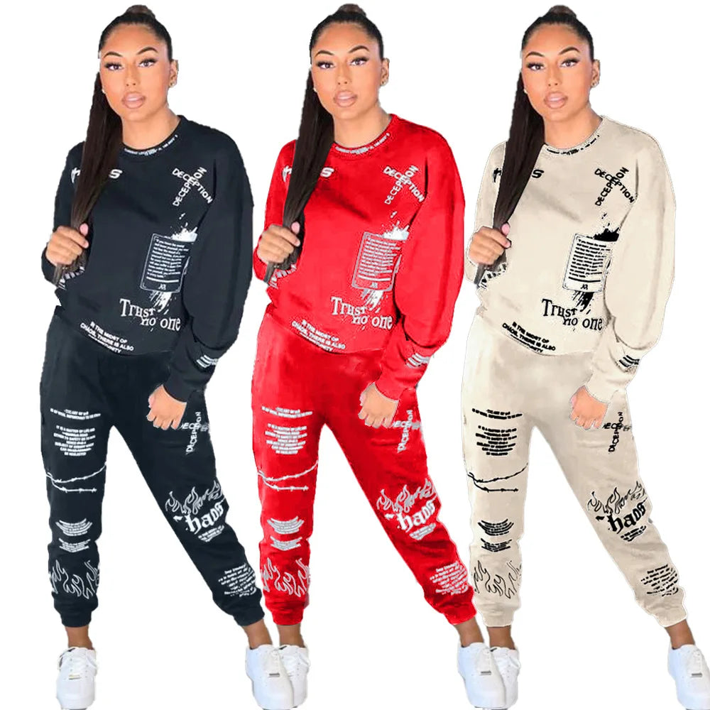 Women Tracksuit 2 Pieces Set Autumn Letter Printed Oversized Hoodies Sweatshirt Pants Suit Sweatpants Outfits Matching Sets