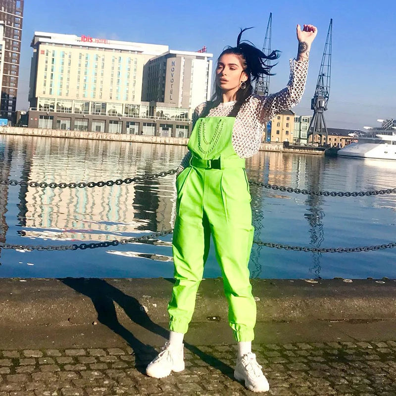 Fluorescent Green Sleeveless Suspender Strap Women's Streetwear Overall Jumpsuit Hip-Hop Dance Costume