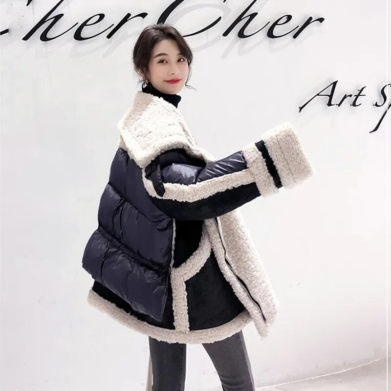 Lamb Wool Splice Down Jacket Women's Duck Down Coat Parkas