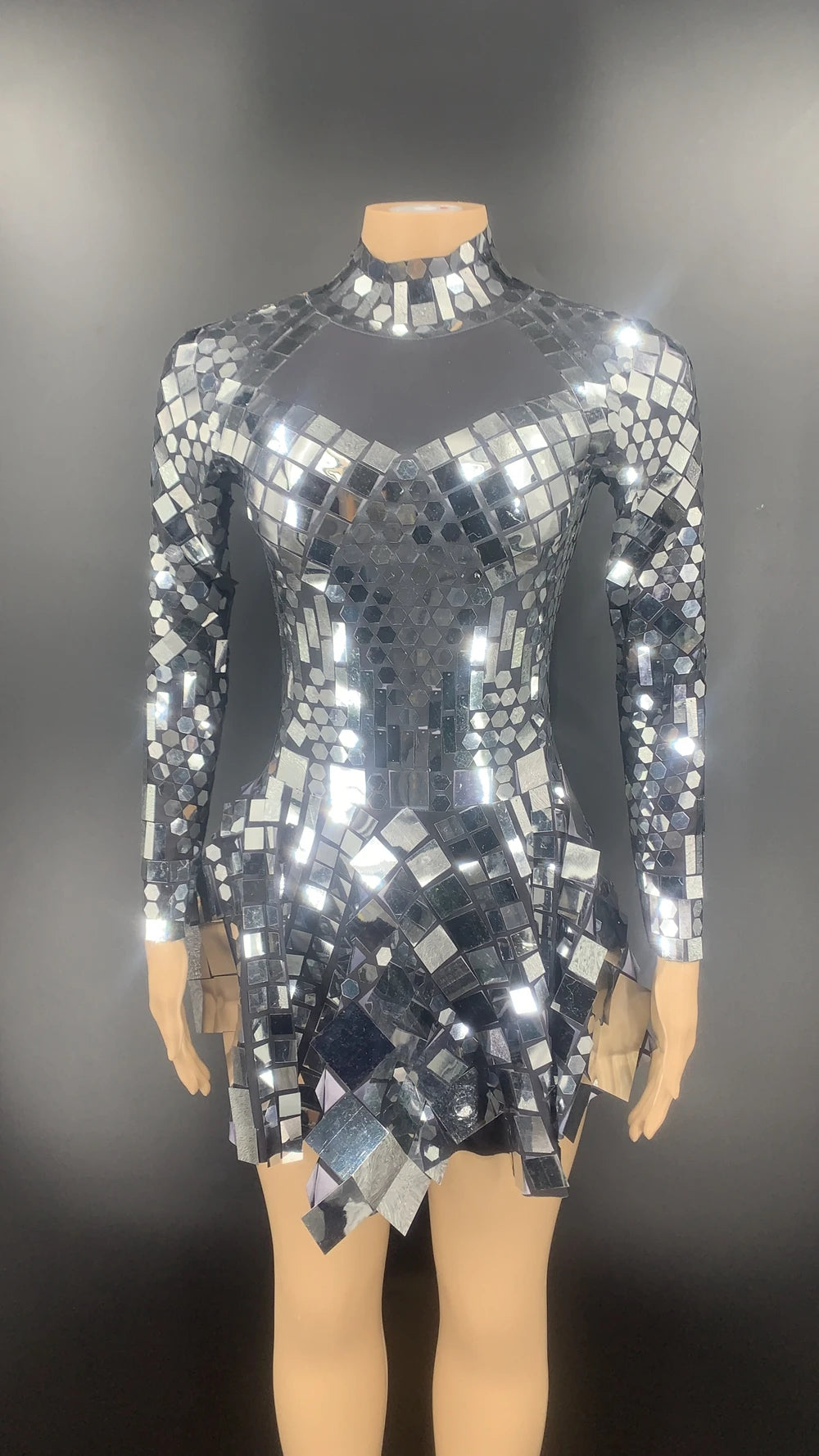 Sparkling Mirror Geometric Metallic Sequin Long Sleeve Formal Party Stage Performance Dress