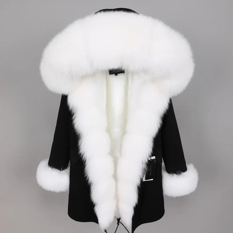 Colorblock Real Fur Oversized Collar Hip-Hop Design Women's Hooded Full Pelt Trenchcoat