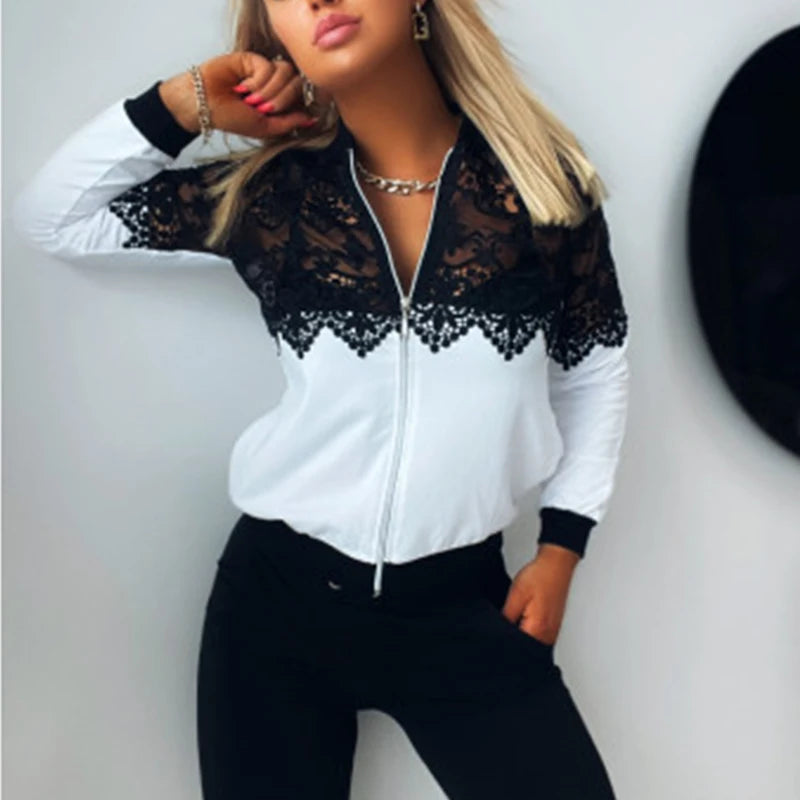 Lace Colorblock Round Neck Zipper Front Long Sleeve Ladies Jacket