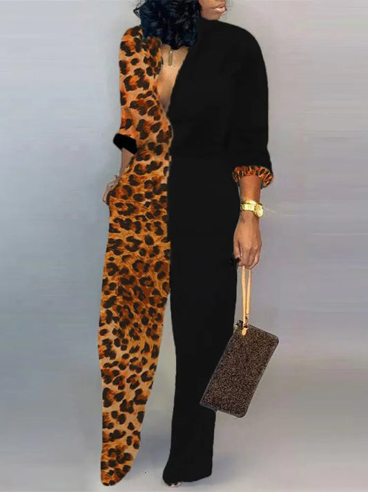 Plunge Leopard Colorblock/Solid Insert V-Neck Jumpsuit