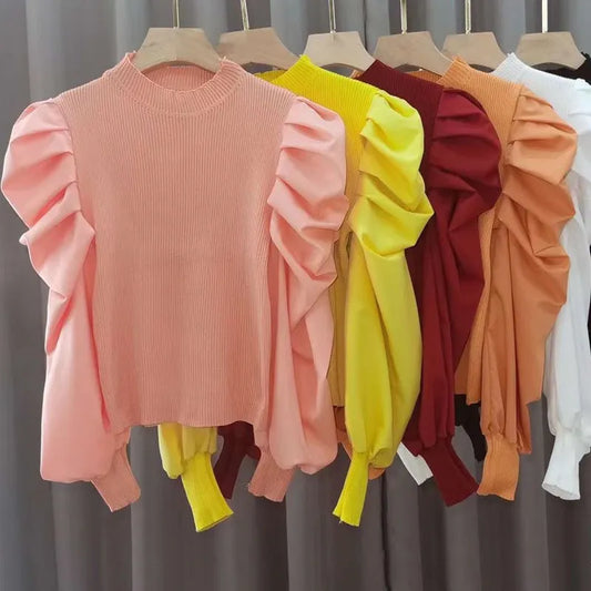 Chiffon Cropped Patchwork Balloon Sleeve Sweater