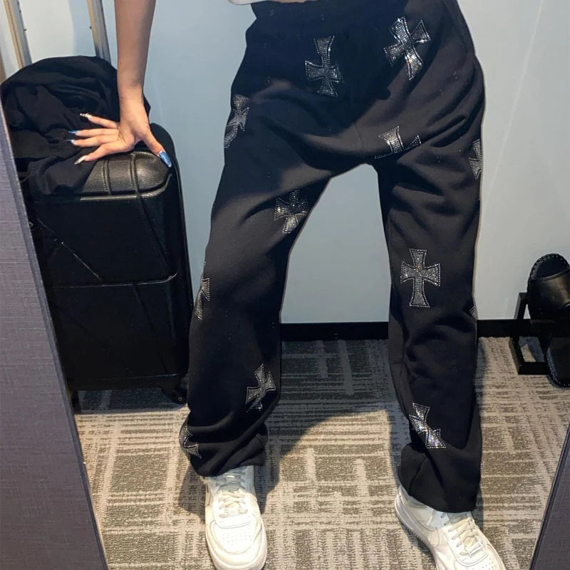 Crystal Rhinestone Cross Embroidered Print Women’s Hoodie Sweatshirt Zipper Jacket + Sweatpants Tracksuit