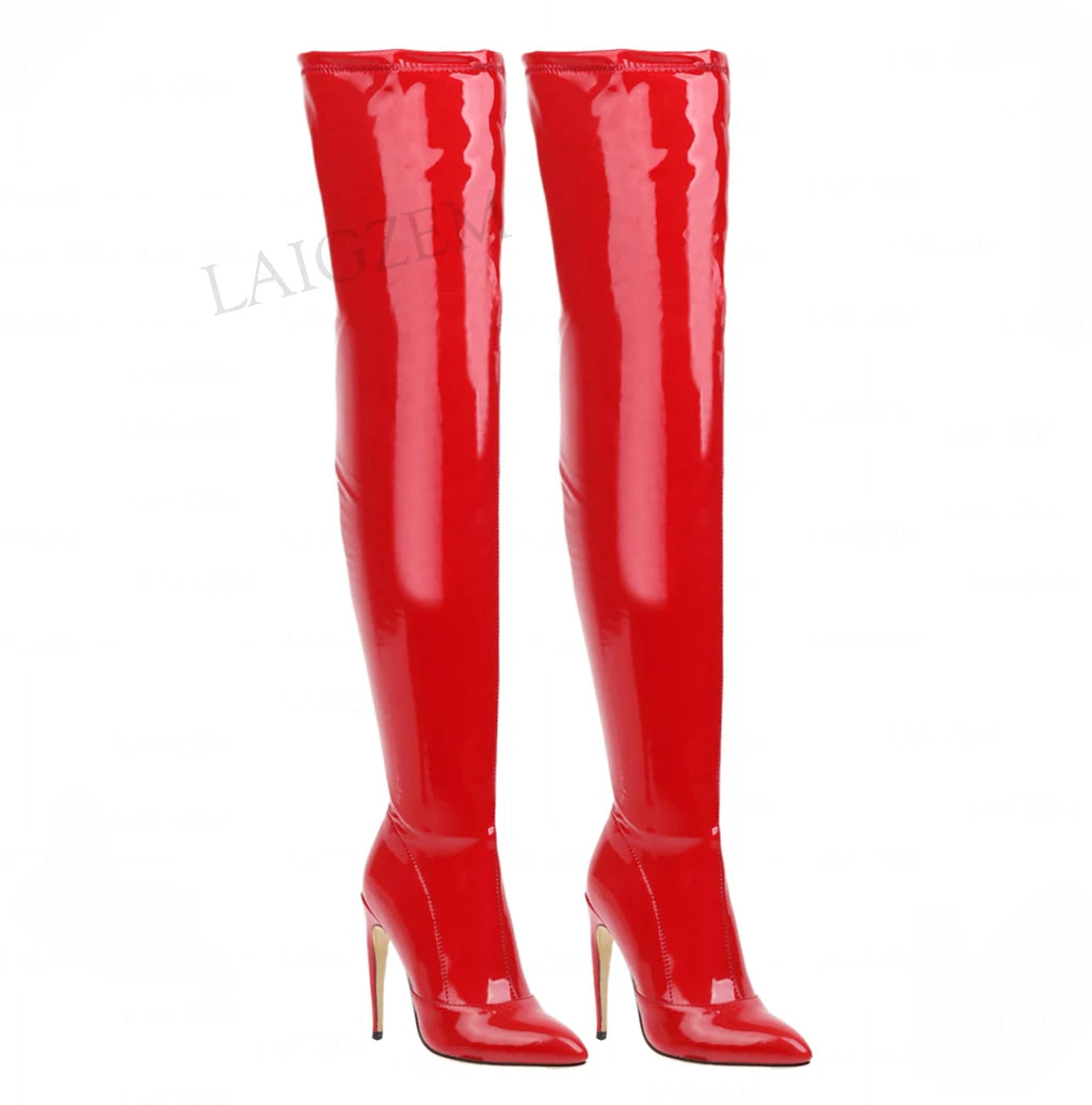 Shiny Patent Leather Solid Color Over-The-Knee Side Zipper Stiletto Heel Women's Thigh High Boots