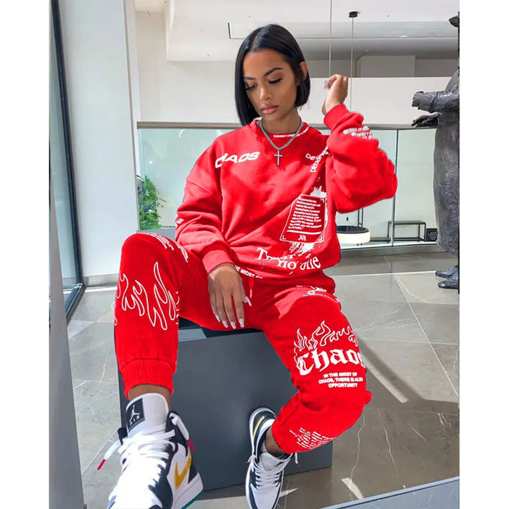 Women Tracksuit 2 Pieces Set Autumn Letter Printed Oversized Hoodies Sweatshirt Pants Suit Sweatpants Outfits Matching Sets