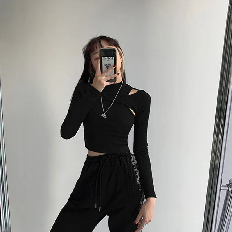 Hollow-Out Knitted Cropped Long Sleeve Women's Shirt