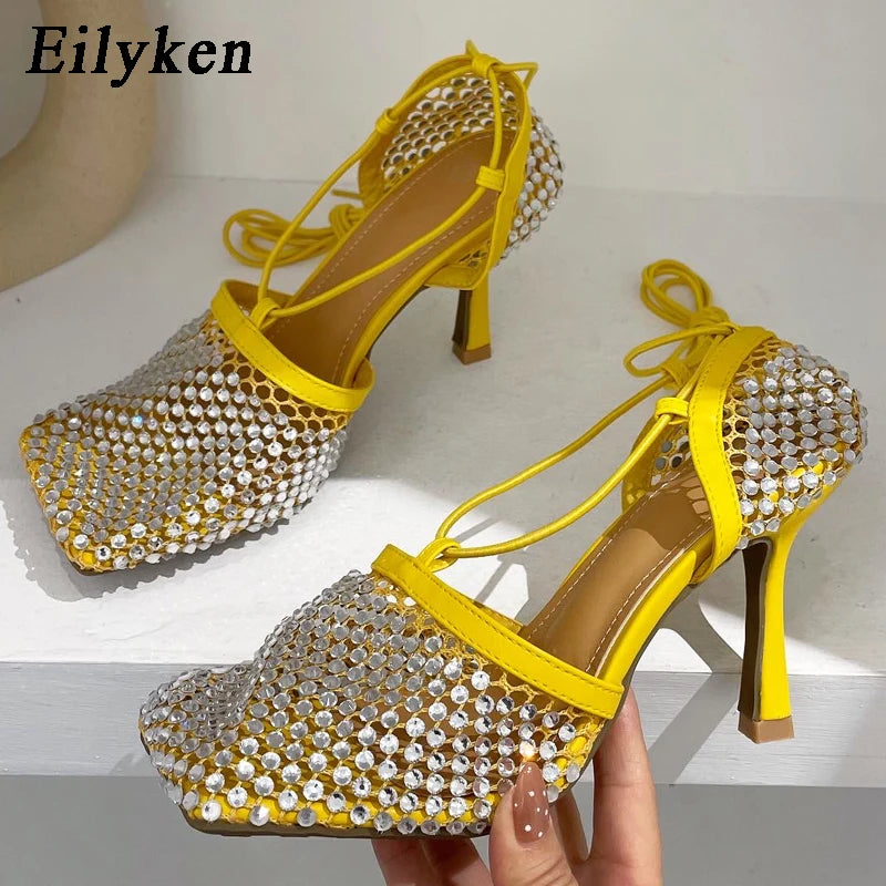 Mesh Rhinestone Bling Crystal Square Toe Fishnet Hollow Ankle Cross-Tied Pumps