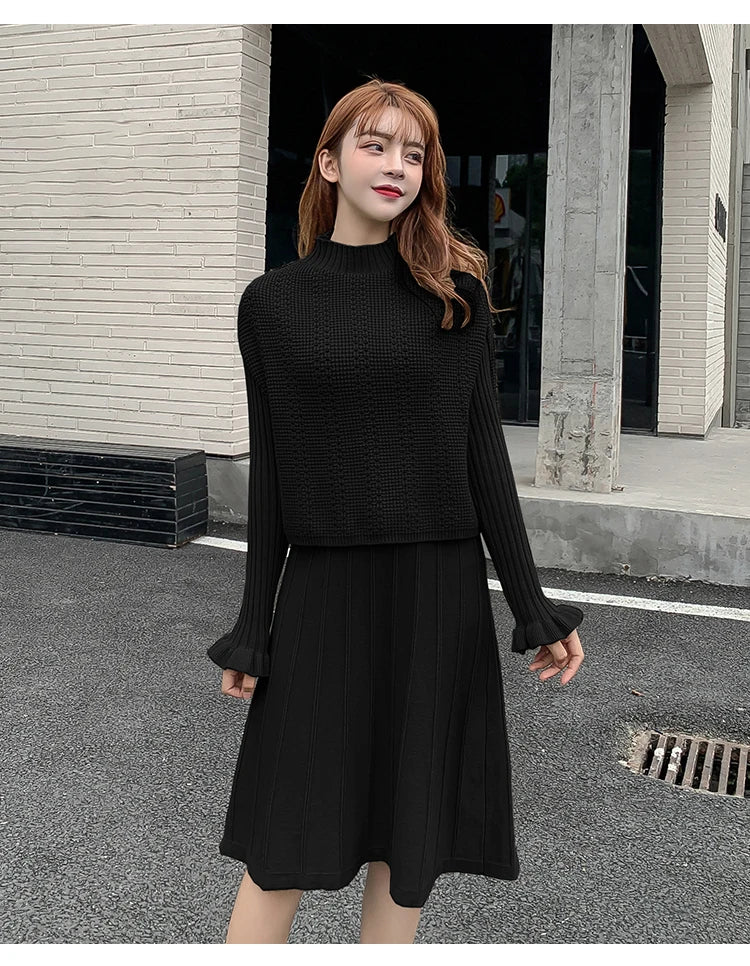 Solid Long Sleeve Pullover Sweater + Knitted Pleated Midi Skirt 2-Piece Set