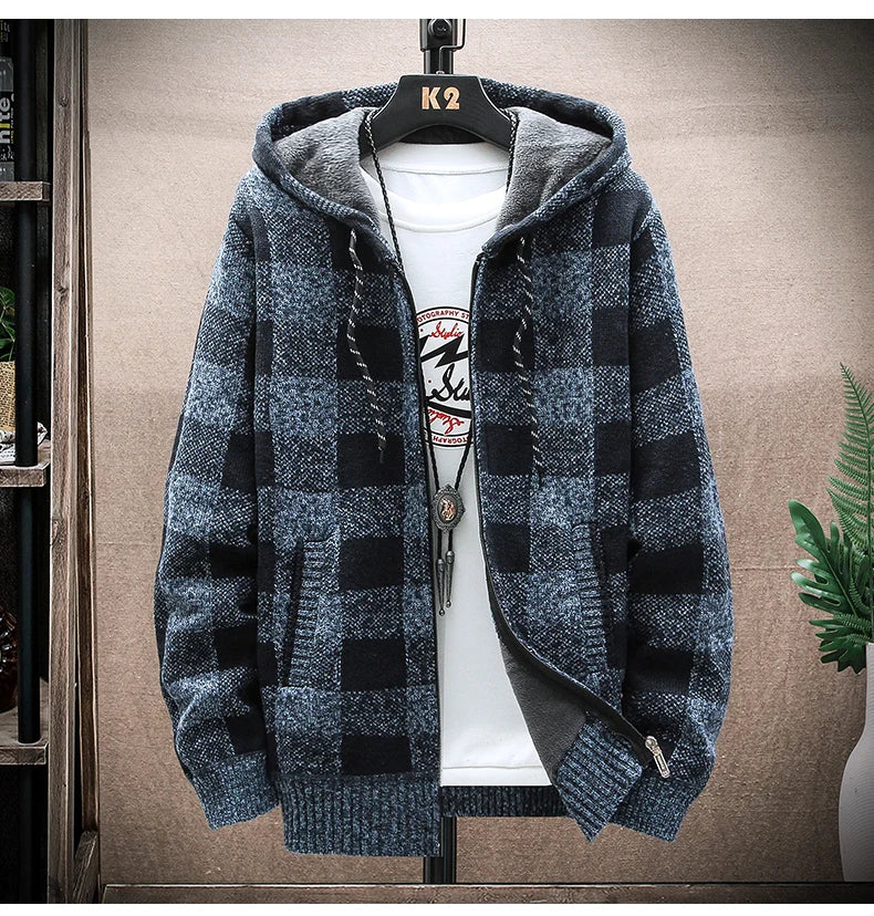 Men's Plaid Wool Zipper Cardigan Hoodie Sweater Jacket