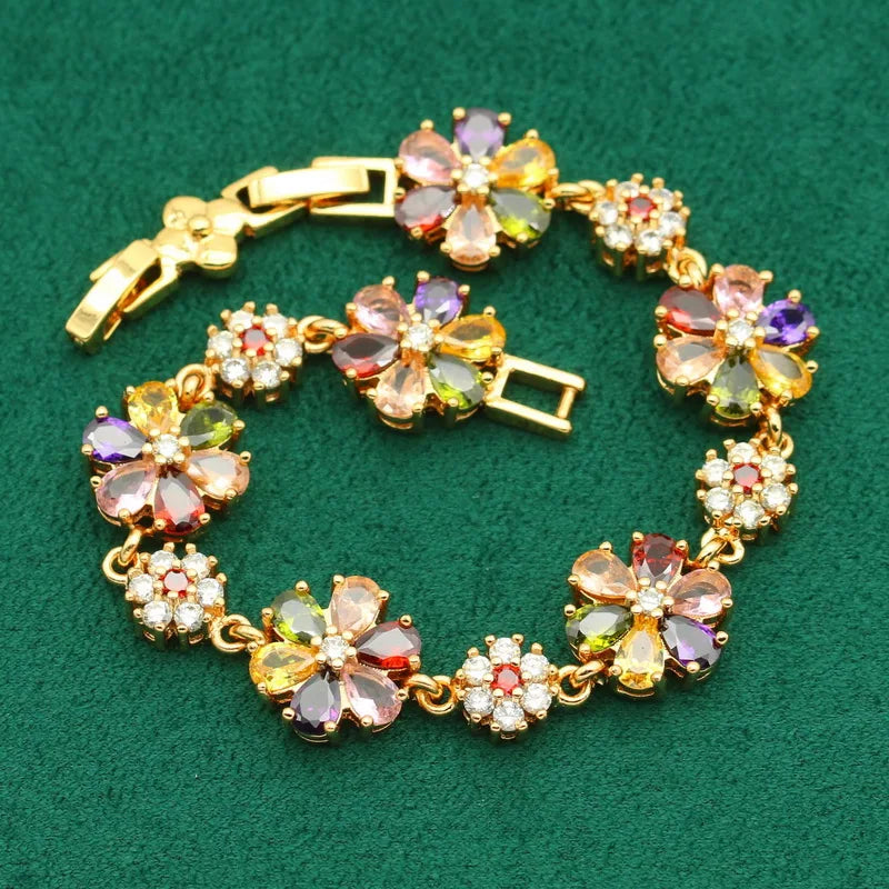 Flower Pendant Multicolor Zircon 4-Piece Jewelry Sets: Bracelet, Earrings, Necklace + Pendant Ring