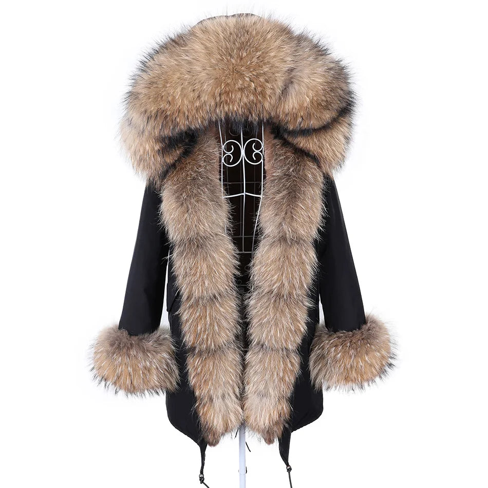 Colorblock Real Fur Oversized Collar Hip-Hop Design Women's Hooded Full Pelt Trenchcoat