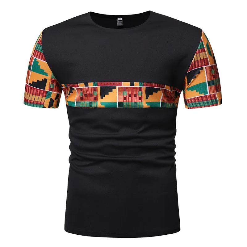 Geometric Patchwork Dashiki Print Men's Short Sleeve T-Shirt