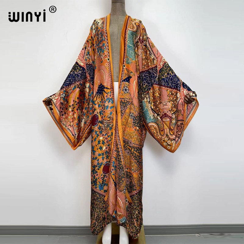 Bohemian African Batwing Sleeve Silk Maxi Cardigan Dress