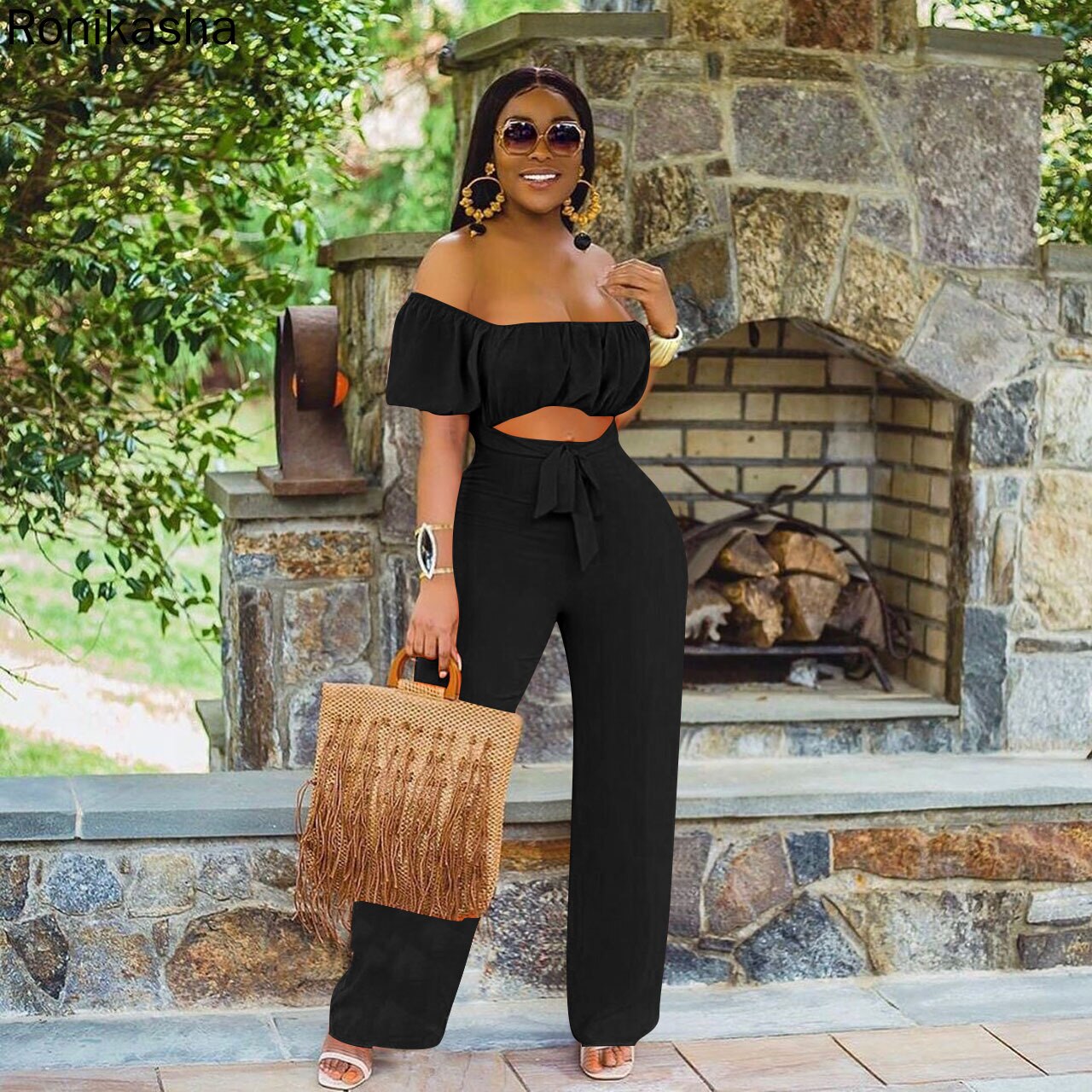 Crop Top Off Shoulder Short Sleeve High Waist Wide Leg Jumpsuit