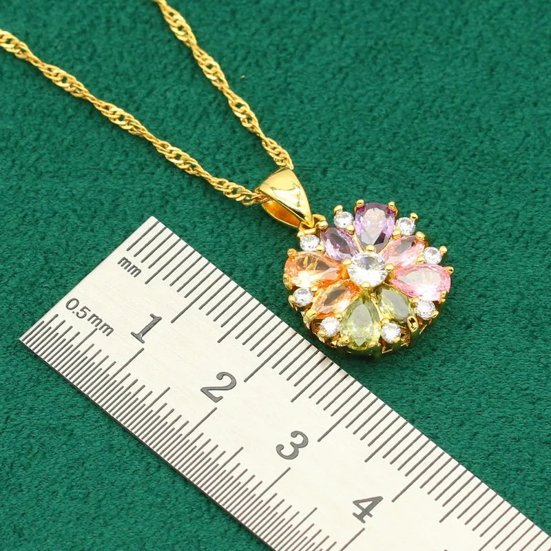 Flower Pendant Multicolor Zircon 4-Piece Jewelry Sets: Bracelet, Earrings, Necklace + Pendant Ring