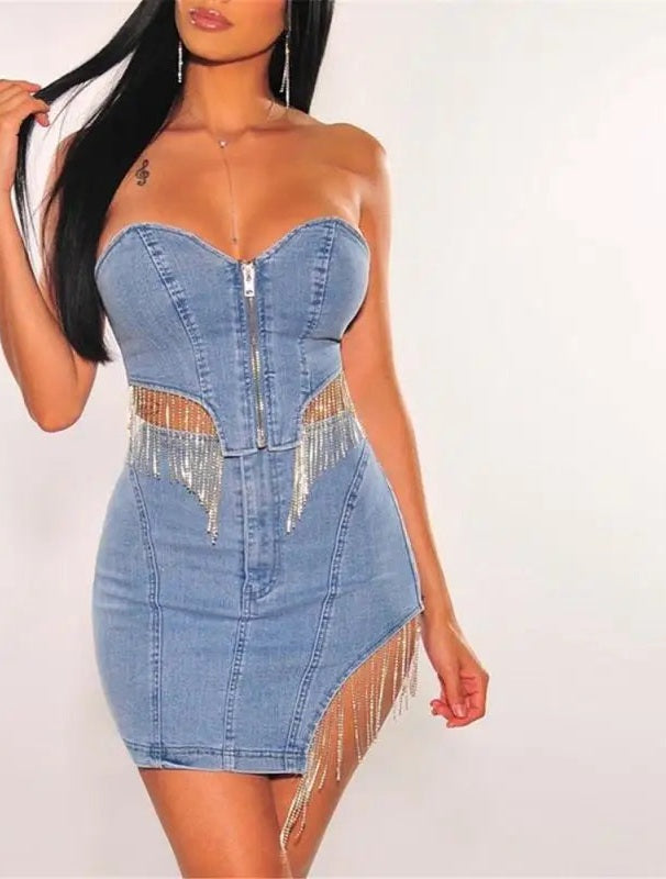 Tassel Design Asymmetrical Sleeveless Zipper Corset Tube Top + Matching Mini Skirt 2-Piece Set