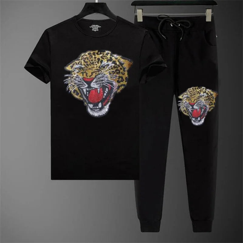 Crystal Leopard Men's Designer Hot Drill Rhinestone Short Sleeve O-Neck T-Shirt + Drawstring Sweatpants 2-Piece Set