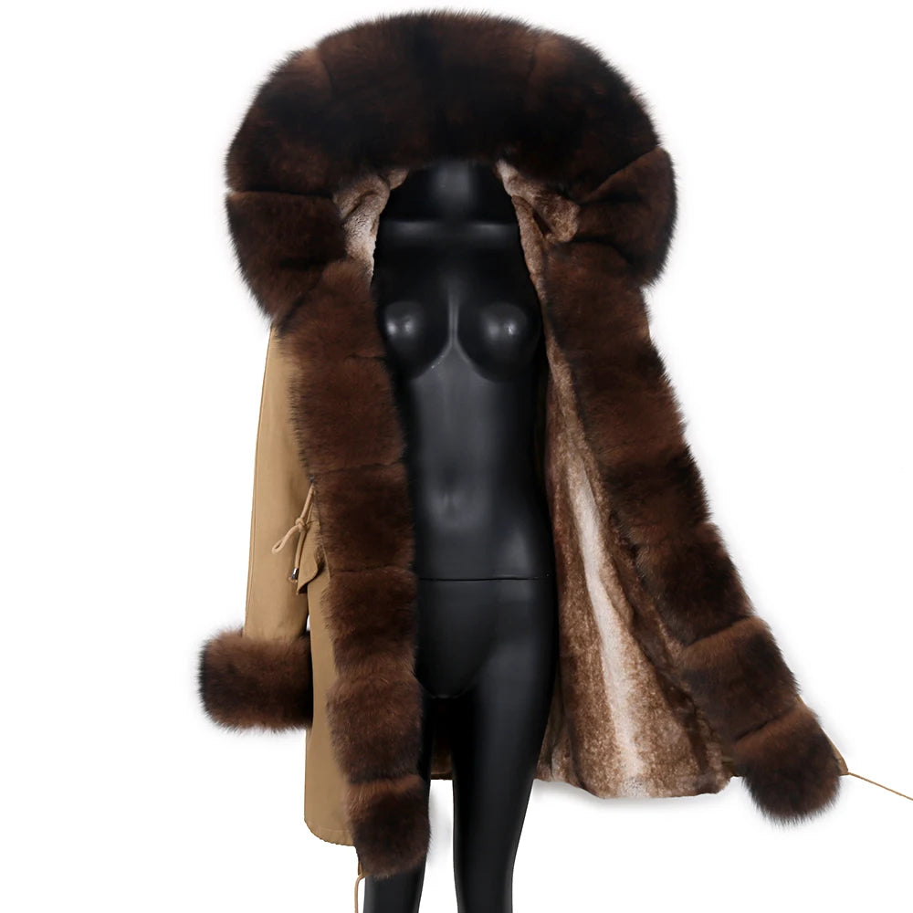 Colorblock Real Fur Oversized Collar Hip-Hop Design Women's Hooded Full Pelt Trenchcoat