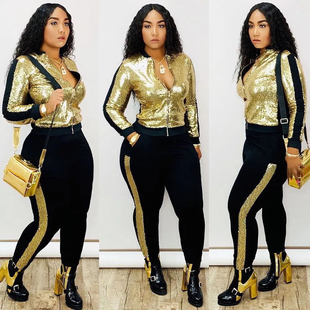 Metallic Sequined Long Sleeve Zipper Bomber Jacket + Side Striped Sweatpants Ladies Tracksuit