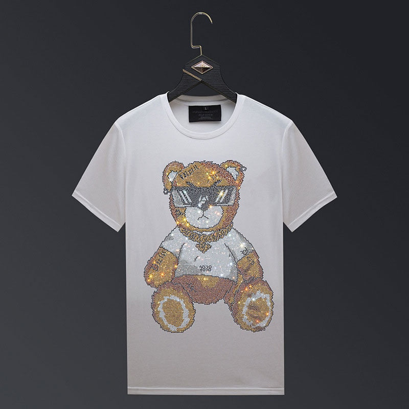 Men's Rhinestone Teddy Bear O-Neck T-Shirts