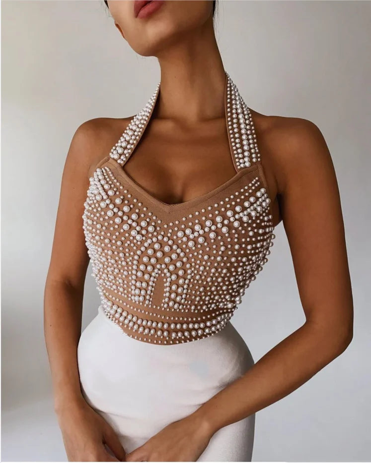 Sleeveless Pearl Beaded Formal Bandage Party Dress